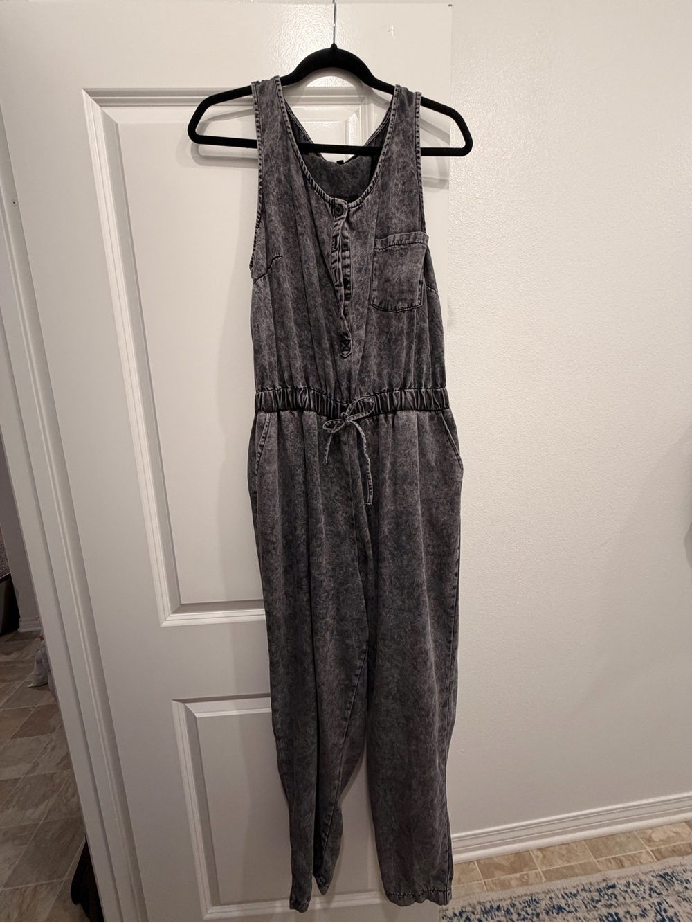 Washed Black Sleeveless Jumpsuit with Drawstring Waist